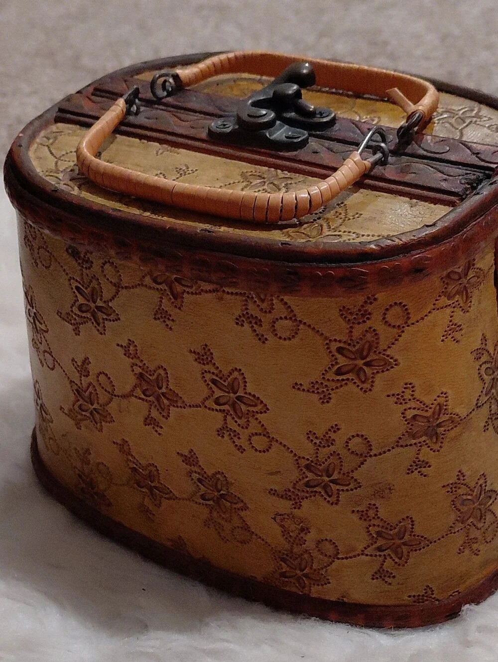 Tan Floral-Embossed Cosmetic Case with Top Handle